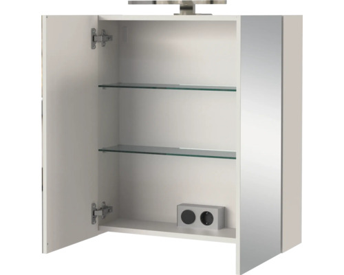Offener Spiegelschrank mit Glasböden und Steckdose