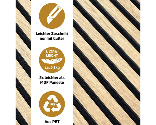 Detailaufnahme einer Wandpaneele mit Informationen zu den Produkteigenschaften.