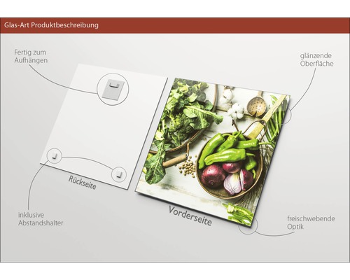 Glasbild mit Gemüse-Motiv, inklusive Aufhängung und Abstandshalter