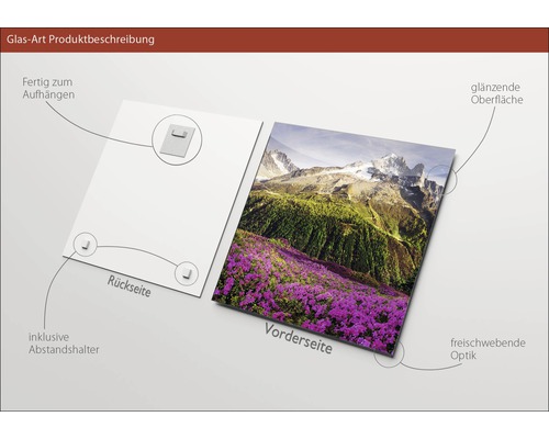 Glasbild mit Berglandschaft, inklusive Aufhängung und Abstandshalter