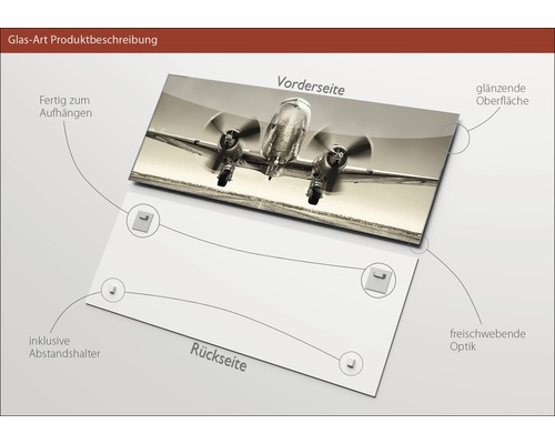 Glasbild mit Flugzeugmotiv, inklusive Abstandshalter zur einfachen Aufhängung