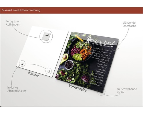 Glasbild mit Rainbow-Bowl-Motiv, inklusive Aufhängung und Abstandshalter