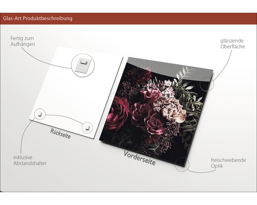 Glasbild mit Blumenmotiv, inklusive Aufhängung und Abstandshalter