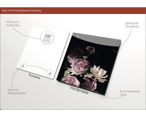 Glasbild mit Blumenmotiv, glänzender Oberfläche, inklusive Abstandshalter und Aufhängevorrichtung