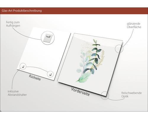 Glasbild mit Pflanzenmotiv, Rückseite mit Aufhängung und Abstandshalter