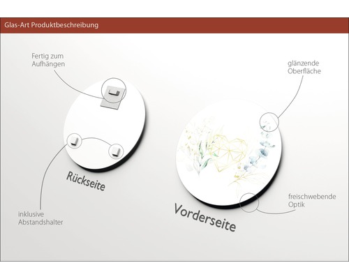 Glasbild mit Aufhängung, Abstandshalter, glänzender Oberfläche und schwebender Optik