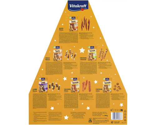 Vitakraft Adventskalender für Hunde mit verschiedenen Snacksorten: Ente, Lamm und Huhn.