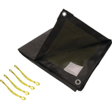 Schwarze Gewebeplane mit Ösen und gelben Spannseilen