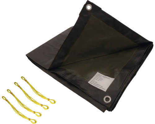 Schwarze Gewebeplane mit Ösen und gelben Spannseilen