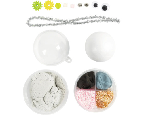 Bastelset mit Kugeln, Knete, Pfeifenputzer und Dekorationsmaterial