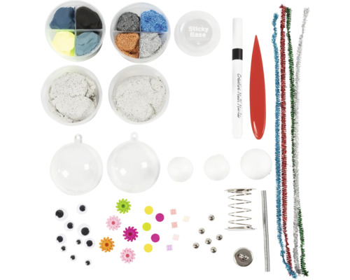 Bastelset mit Modelliermasse, Kugeln, Dekorationen und Zubehör für kreative Projekte