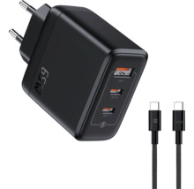 Schwarzes 65 Watt GaN Ladegerät mit USB A und USB C Anschlüssen sowie zwei Ladekabeln