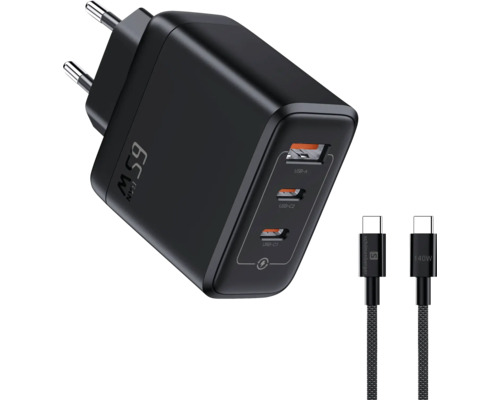 Schwarzes 65 Watt GaN Ladegerät mit USB A und USB C Anschlüssen sowie zwei Ladekabeln