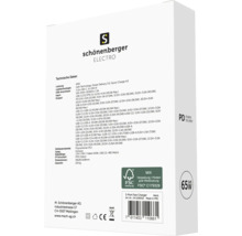 Verpackung eines schwarzen 65-Watt-Schnellladegeräts mit drei Anschlüssen der Marke Schönenberger Electro