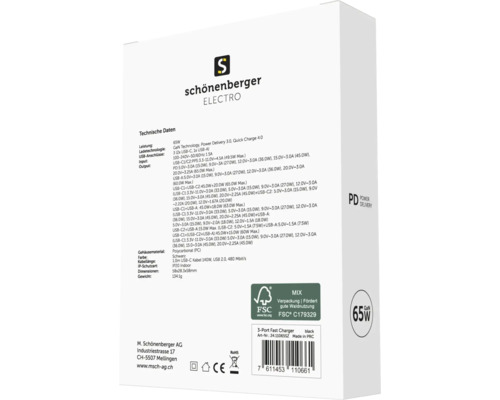 Verpackung eines schwarzen 65-Watt-Schnellladegeräts mit drei Anschlüssen der Marke Schönenberger Electro