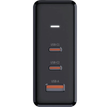 Schwarzes USB Ladegerät mit Anschlüssen für USB-C1, USB-C2 und USB-A