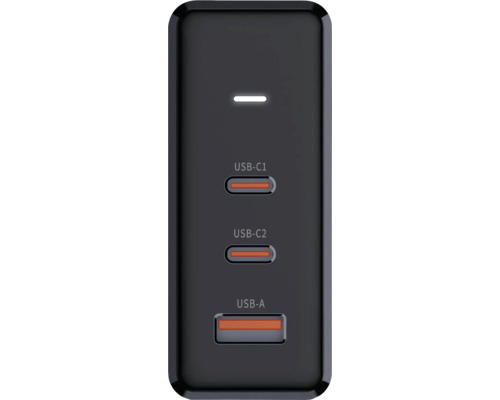 Schwarzes USB Ladegerät mit Anschlüssen für USB-C1, USB-C2 und USB-A