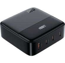 Schwarzes 100-Watt-Ladegerät mit USB-A- und USB-C-Anschlüssen