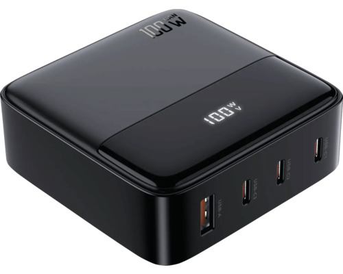 Schwarzes 100-Watt-Ladegerät mit USB-A- und USB-C-Anschlüssen