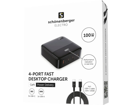 Schönenberger Electro 4-Port-Schnellladegerät für den Schreibtisch mit USB-C-Kabel