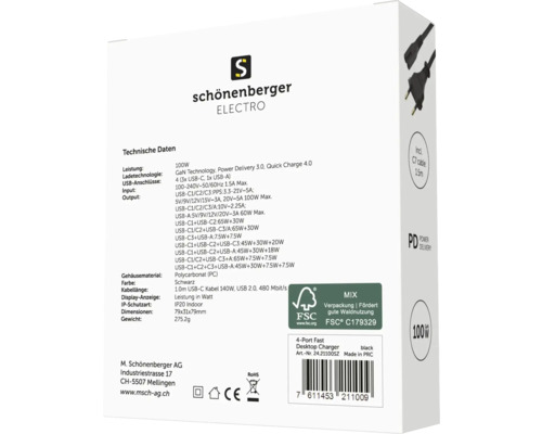 Schönenberger Electro 100 Watt Desktop Ladegerät mit vier Anschlüssen in Schwarz Verpackung