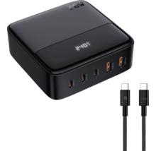 Schwarzes 240 Watt Ladegerät mit mehreren USB Anschlüssen und zwei USB Kabeln