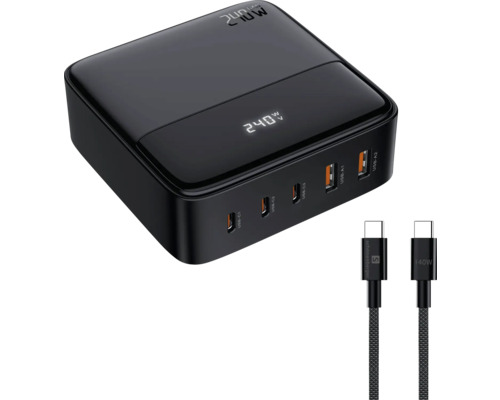Schwarzes 240 Watt Ladegerät mit mehreren USB Anschlüssen und zwei USB Kabeln