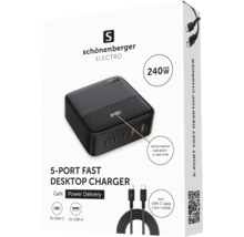Schönenberger Electro 240 Watt GaN Desktop Ladegerät mit fünf Anschlüssen in der Verpackung