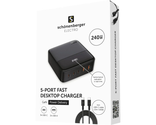 Schönenberger Electro 240 Watt GaN Desktop Ladegerät mit fünf Anschlüssen in der Verpackung
