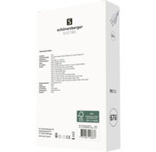 Emballage du chargeur rapide Schönenberger Electro avec données techniques, label FSC et logos