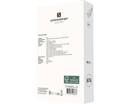 Emballage du chargeur rapide Schönenberger Electro avec données techniques, label FSC et logos