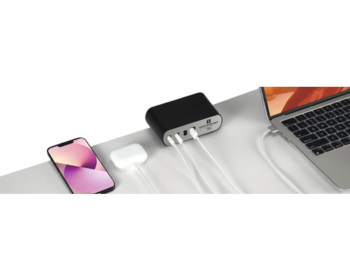 Le chargeur Schönenberger Elektro 35 watts recharge le téléphone portable, les écouteurs et l'ordinateur portable