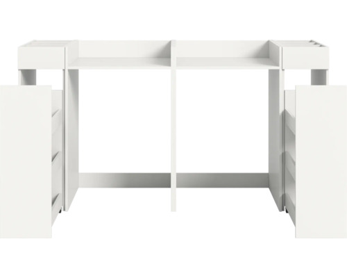 Lit mezzanine blanc avec rangement intégré et étagères.