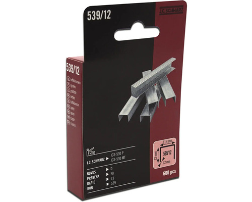 J.C. Schwarz Heftklammern Typ 539/12, 600 Stück, Details zu Grösse und Kompatibilität auf der Verpackung