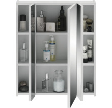 Weißer Spiegelschrank mit geöffneten Türen und verschiedenen Badartikeln