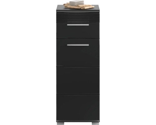 Schwarzer Badezimmer-Unterschrank mit drei Schubladen und Handtüchern