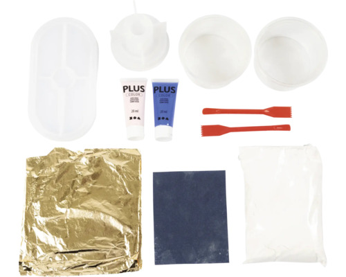 Komplettes Set mit Formen, Farben, Blattgold, Schleifpapier, Gips und Werkzeugen für kreative Projekte