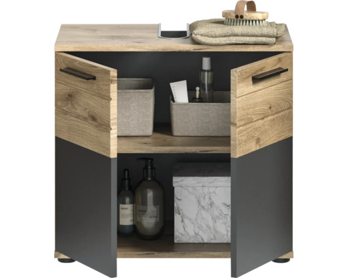 Waschbeckenunterschrank mit zwei offenen Türen und zwei Ablagefächern zur Badaufbewahrung.