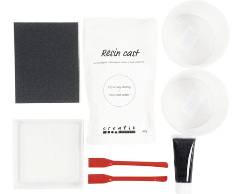 Set Resin Cast avec poudre à couler, papier abrasif, deux gobelets mélangeurs, un moule, deux spatules et de la peinture