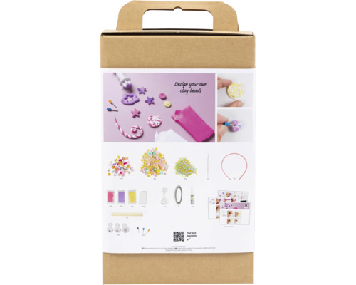 Bastelset zum Gestalten von Tonperlen mit Zubehör in einer Kartonverpackung.