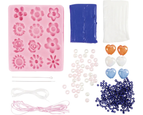 Kit de bricolage avec moule en silicone pour fleurs, pâte à modeler, perles et fils pour la fabrication de bijoux