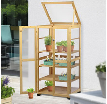 Châssis de culture en bois avec étagères et couvercle relevable pour la culture des plantes au jardin ou sur la terrasse.