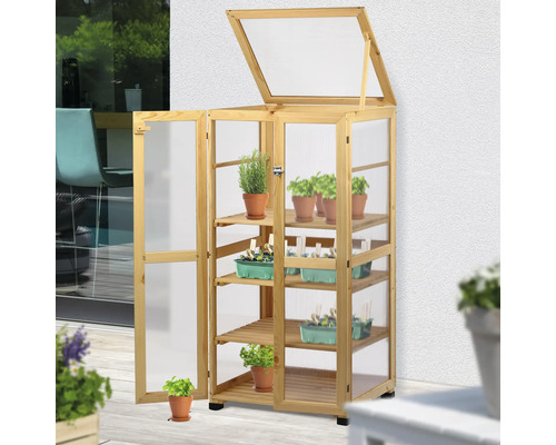 Châssis de culture en bois avec étagères et couvercle relevable pour la culture des plantes au jardin ou sur la terrasse.