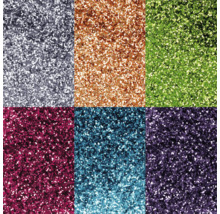 Nahaufnahme von sechs verschiedenen Glitzerstrukturen