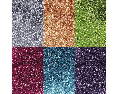 Nahaufnahme von sechs verschiedenen Glitzerstrukturen