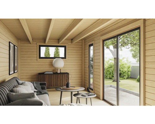 Vue intérieure d'une maison en bois avec canapé et porte coulissante
