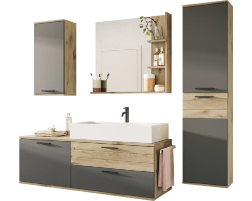 Badezimmermöbel-Set mit Waschbecken, Spiegelschrank und Hochschrank