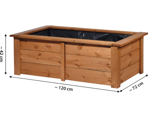 Jardinière en bois mesurant environ 120 cm de long, 72 cm de large et 42 cm de haut