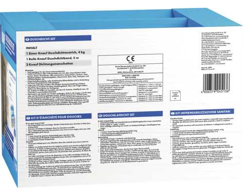Kit d'étanchéité pour douches Knauf avec revêtement d'étanchéité, bande d'étanchéité et manchettes