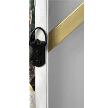 Detailansicht einer Leinwand mit Aufhängevorrichtung und goldenem Rahmen.